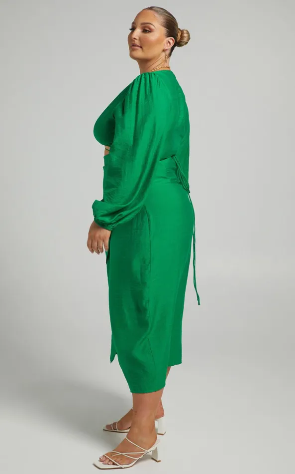 Showpo Demieh Midi Dress 8211 Front Cut Out Long Sleeve Dress In Green Women Curve Clothes