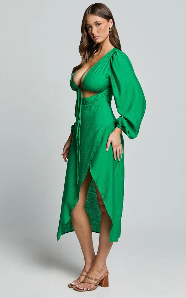 Showpo Demieh Midi Dress 8211 Front Cut Out Long Sleeve Dress In Green Women Curve Clothes