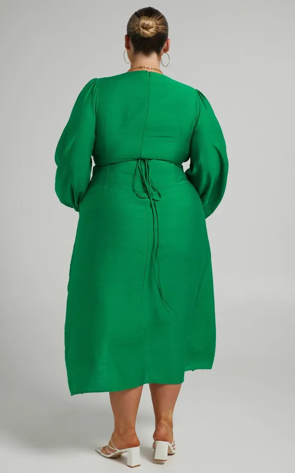 Showpo Demieh Midi Dress 8211 Front Cut Out Long Sleeve Dress In Green Women Curve Clothes