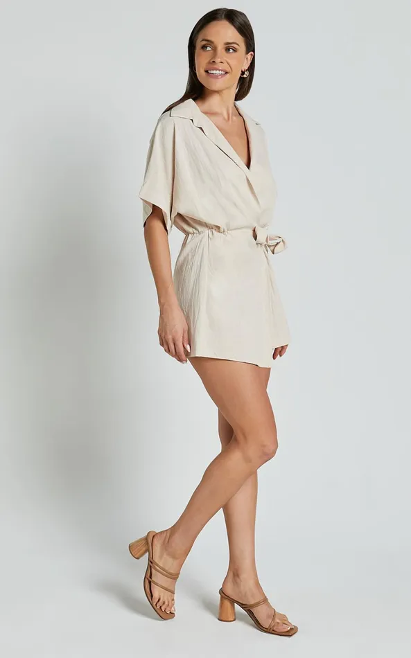 Showpo Denise Playsuit 8211 Short Sleeve Wrap Skort Playsuit In Biscuit Women Shop Conscious