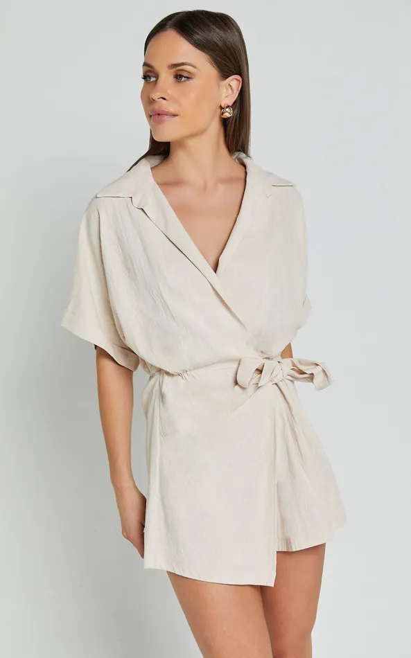 Showpo Denise Playsuit 8211 Short Sleeve Wrap Skort Playsuit In Biscuit Women Shop Conscious