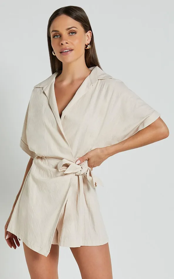 Showpo Denise Playsuit 8211 Short Sleeve Wrap Skort Playsuit In Biscuit Women Shop Conscious
