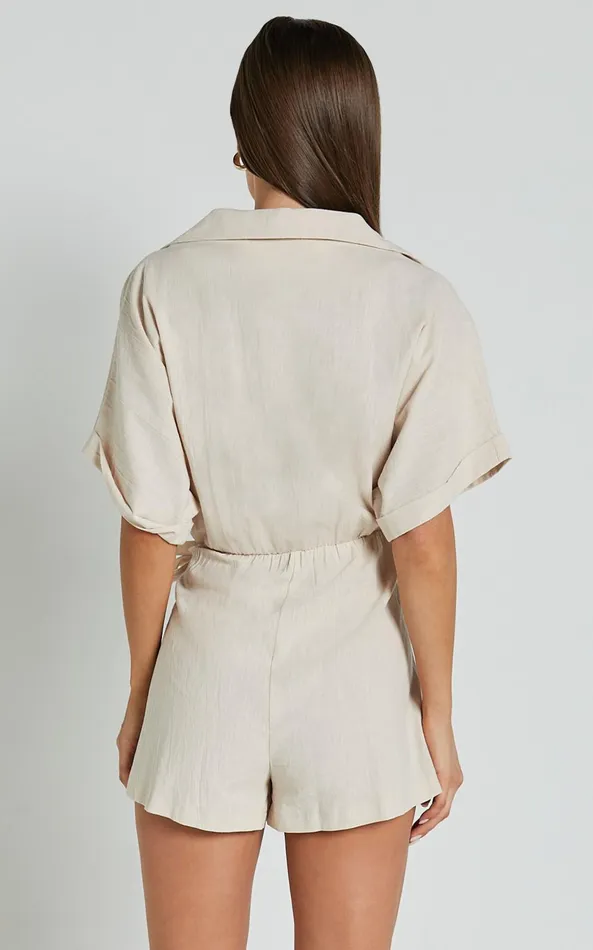 Showpo Denise Playsuit 8211 Short Sleeve Wrap Skort Playsuit In Biscuit Women Shop Conscious