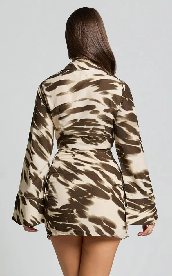 Showpo Denise Two Piece Set 8211 Long Sleeve Twist Front Shirt And Mini Skirt Set In Khaki Blur Women Two Piece Sets and Coords