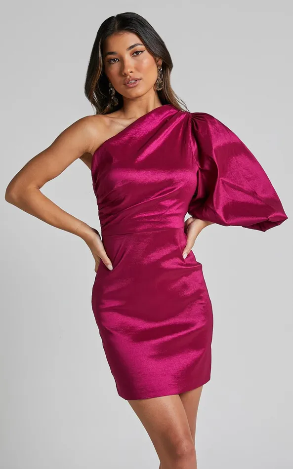 Showpo Denjella Mini Dress 8211 34 One Shoulder Puff Sleeve Bodycon Dress In Grape Women Dresses