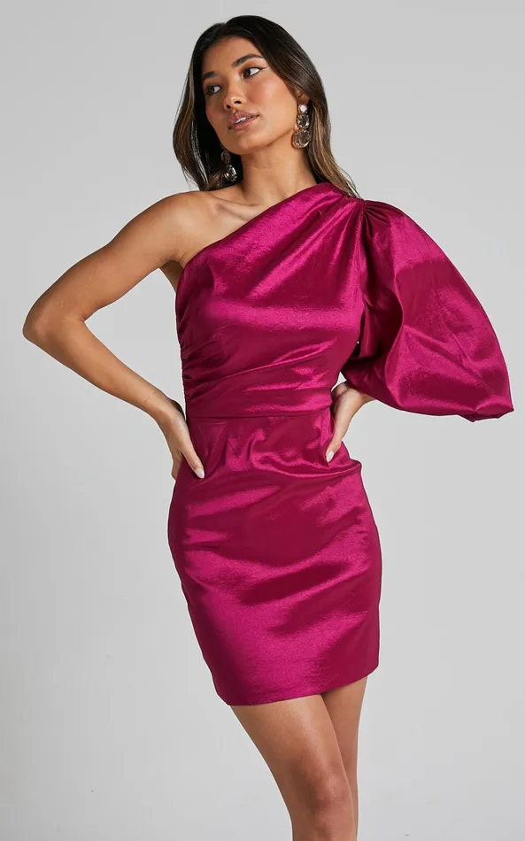 Showpo Denjella Mini Dress 8211 34 One Shoulder Puff Sleeve Bodycon Dress In Grape Women Dresses