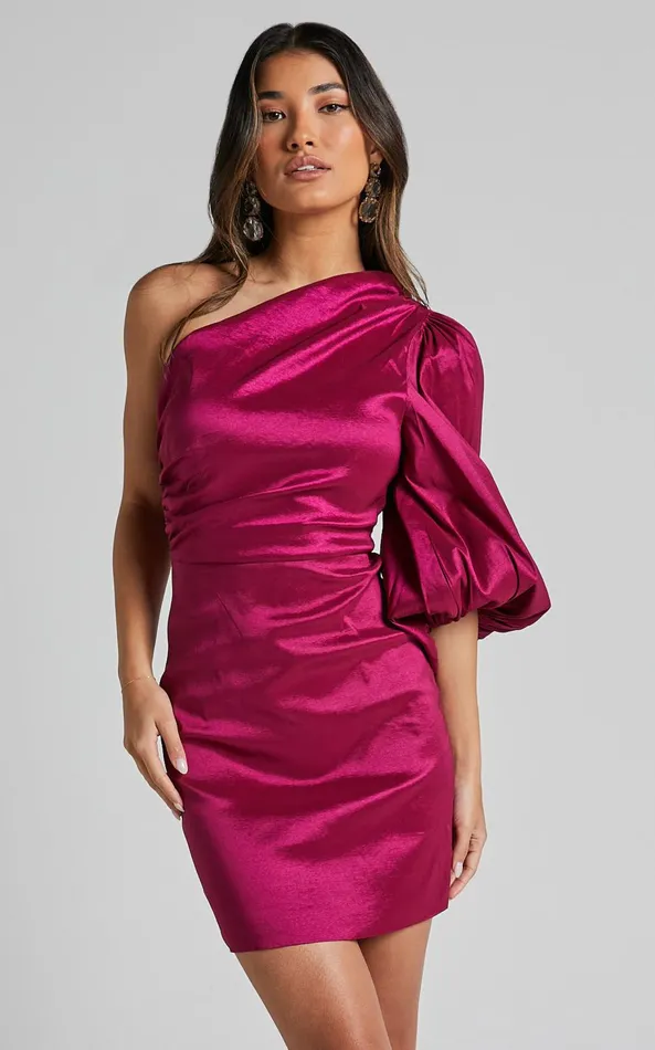 Showpo Denjella Mini Dress 8211 34 One Shoulder Puff Sleeve Bodycon Dress In Grape Women Dresses