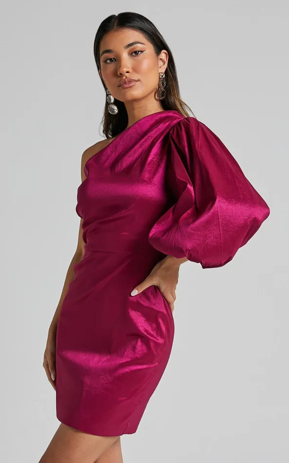 Showpo Denjella Mini Dress 8211 34 One Shoulder Puff Sleeve Bodycon Dress In Grape Women Dresses