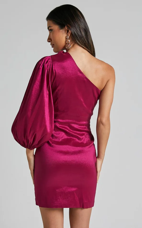 Showpo Denjella Mini Dress 8211 34 One Shoulder Puff Sleeve Bodycon Dress In Grape Women Dresses