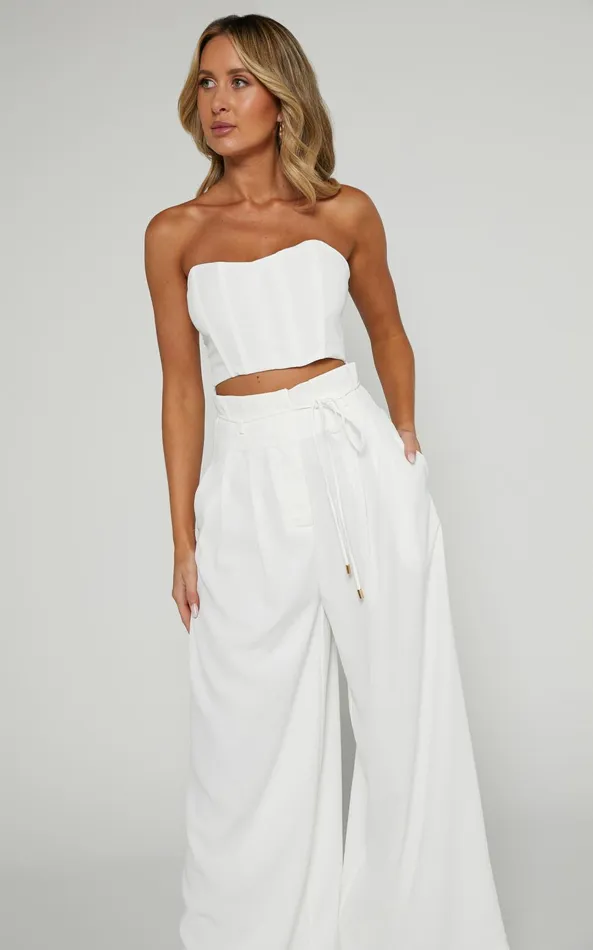 Showpo Denmark Two Piece Set 8211 Strapless Top and Wide Leg Set In White Women Dresses