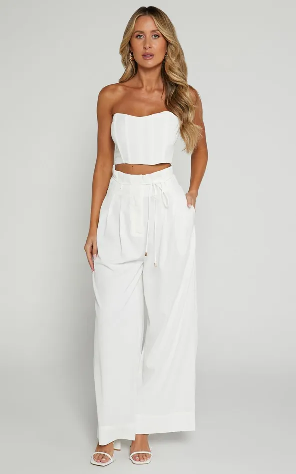 Showpo Denmark Two Piece Set 8211 Strapless Top and Wide Leg Set In White Women Dresses