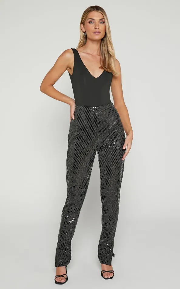 Showpo Deola Pant 8211 Sequin High Waisted Skinny Leg In Black Women Pants