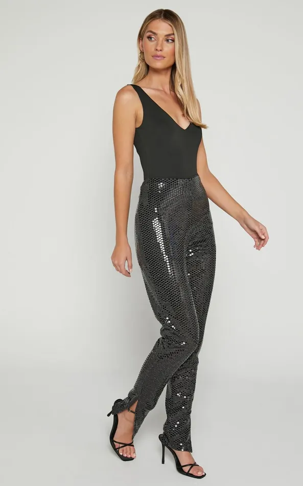 Showpo Deola Pant 8211 Sequin High Waisted Skinny Leg In Black Women Pants