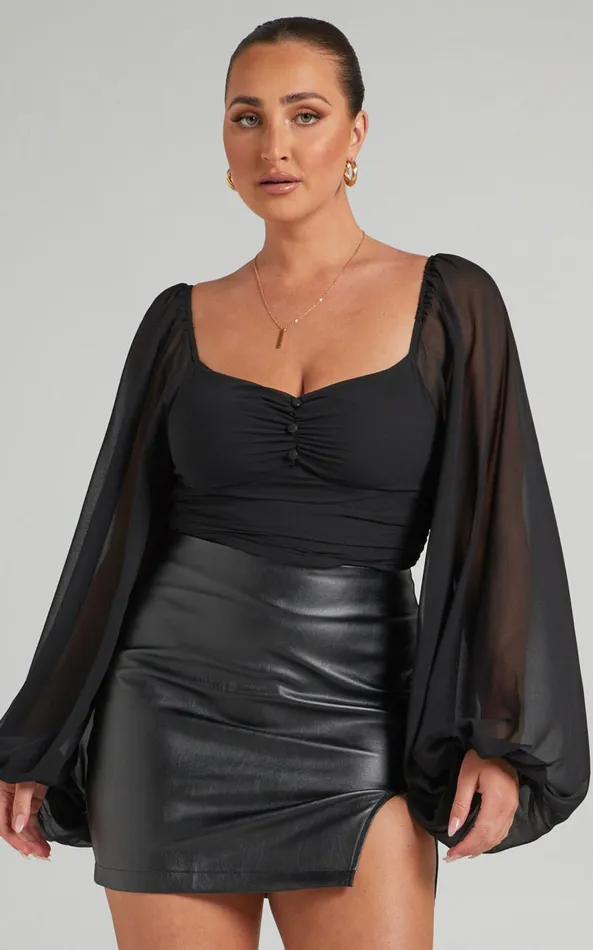 Showpo Dermot Bodysuit 8211 Balloon Sleeve Bodysuit In Black Women Curve Clothes