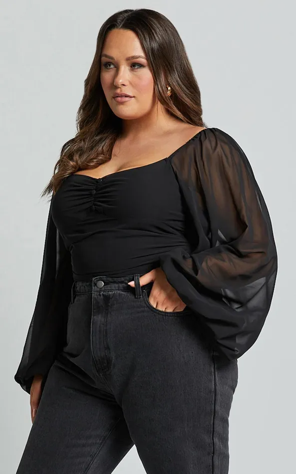Showpo Dermot Bodysuit 8211 Balloon Sleeve Bodysuit In Black Women Curve Clothes