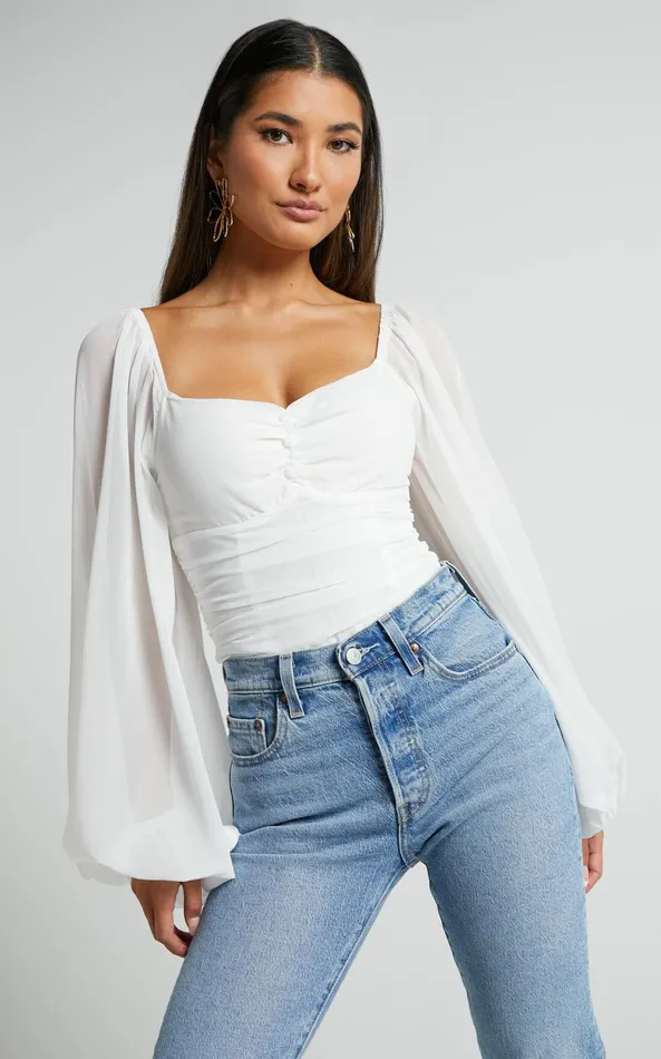 Showpo Dermot Bodysuit 8211 Balloon Sleeve Bodysuit In White Women Tops