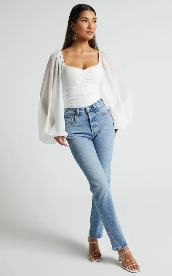 Showpo Dermot Bodysuit 8211 Balloon Sleeve Bodysuit In White Women Tops