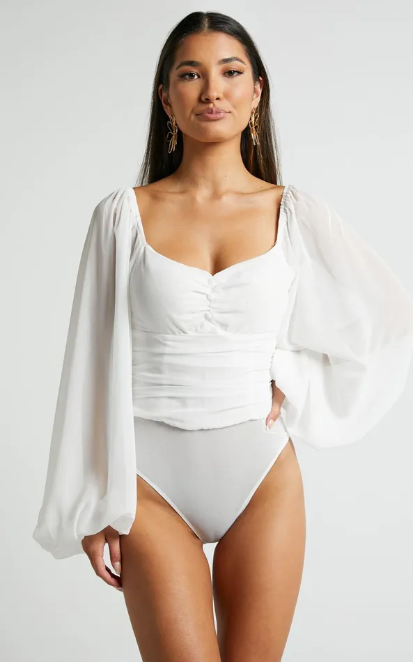 Showpo Dermot Bodysuit 8211 Balloon Sleeve Bodysuit In White Women Tops