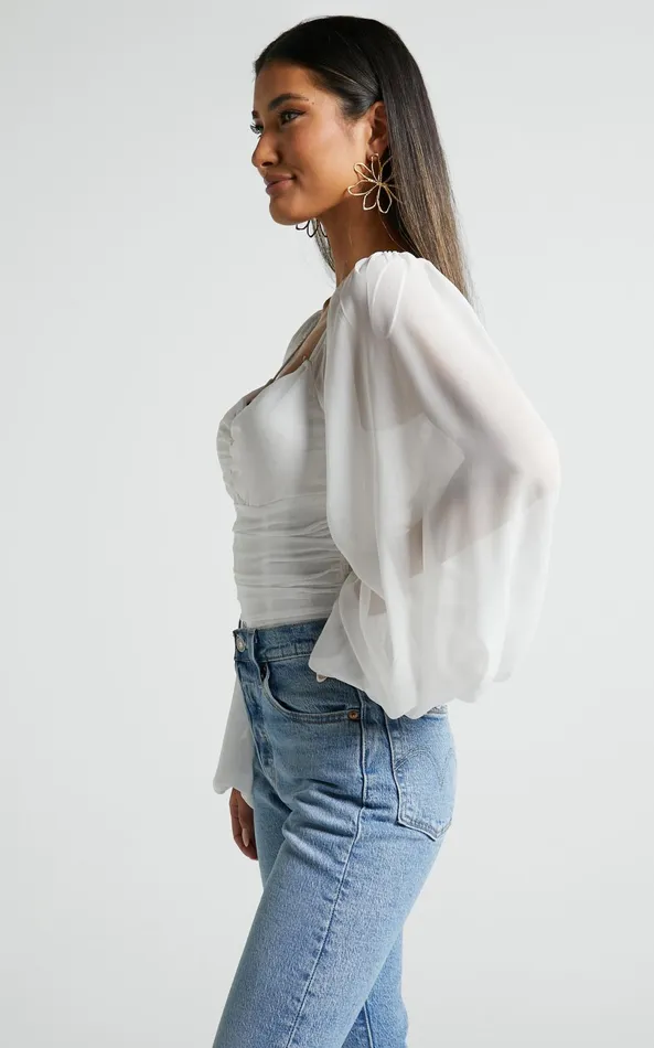Showpo Dermot Bodysuit 8211 Balloon Sleeve Bodysuit In White Women Tops