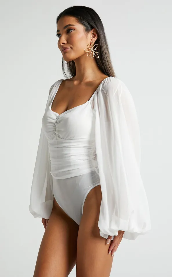 Showpo Dermot Bodysuit 8211 Balloon Sleeve Bodysuit In White Women Tops