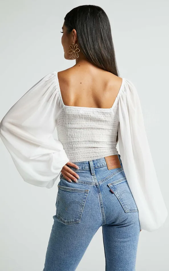 Showpo Dermot Bodysuit 8211 Balloon Sleeve Bodysuit In White Women Tops