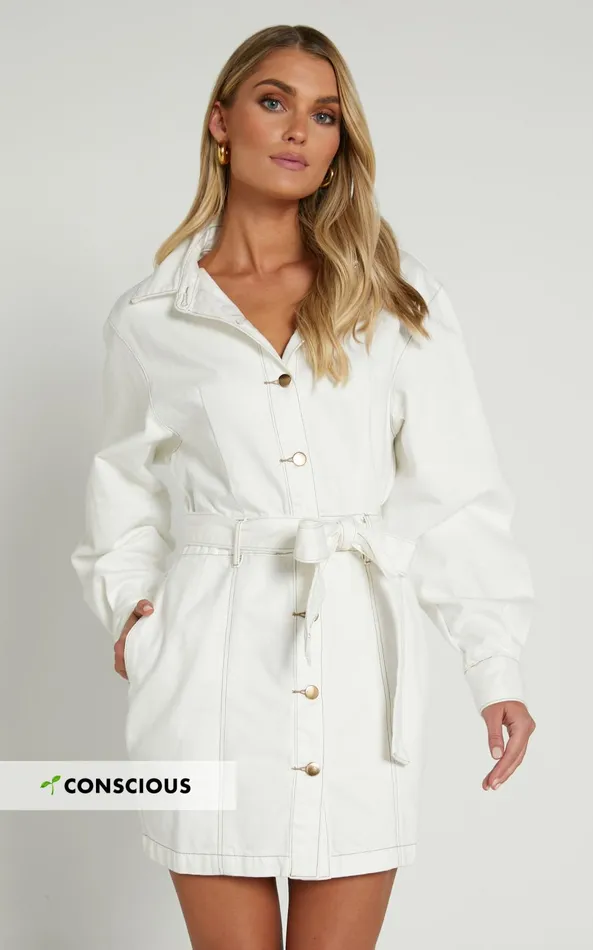 Showpo Desi Mini Dress 8211 Long Sleeve Collared Button Through Denim Dress In Off White Women Curve Clothes Showpo Desi Mini Dress 8211 Long Sleeve Collared Button Through Denim Dress In Off White Women Curve Clothes