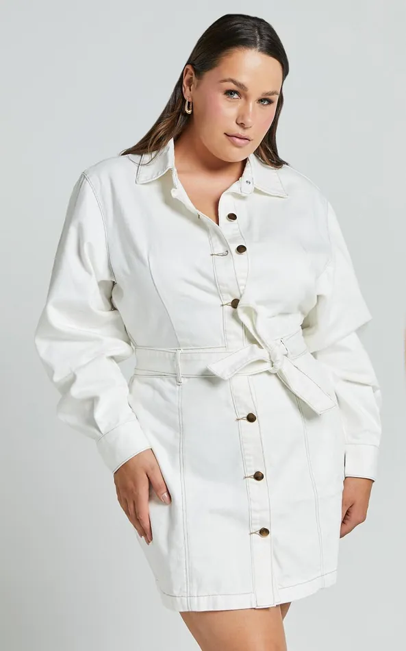 Showpo Desi Mini Dress 8211 Long Sleeve Collared Button Through Denim Dress In Off White Women Curve Clothes