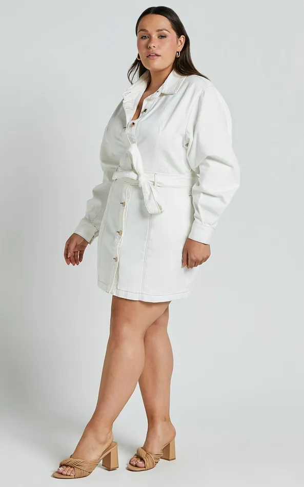 Showpo Desi Mini Dress 8211 Long Sleeve Collared Button Through Denim Dress In Off White Women Curve Clothes