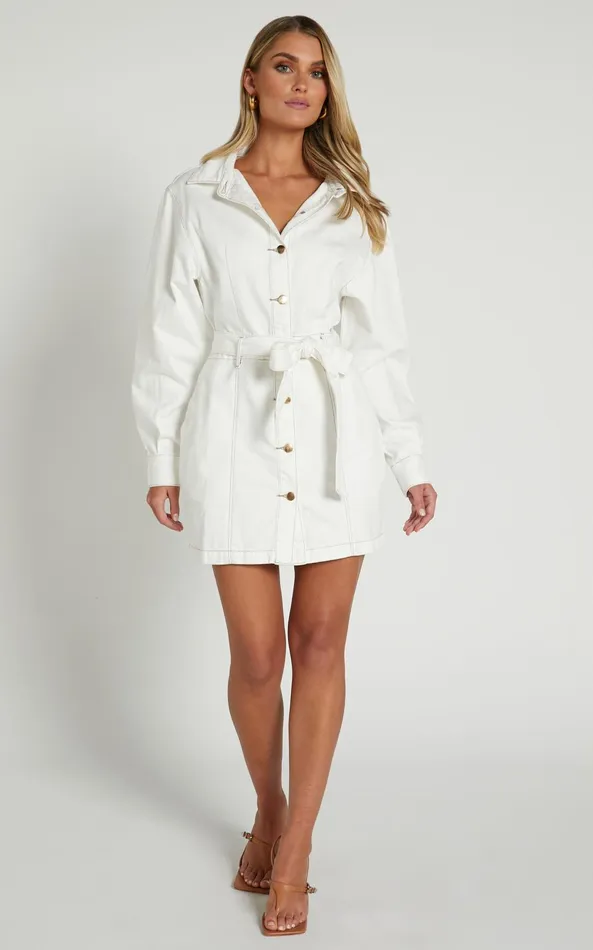 Showpo Desi Mini Dress 8211 Long Sleeve Collared Button Through Denim Dress In Off White Women Curve Clothes