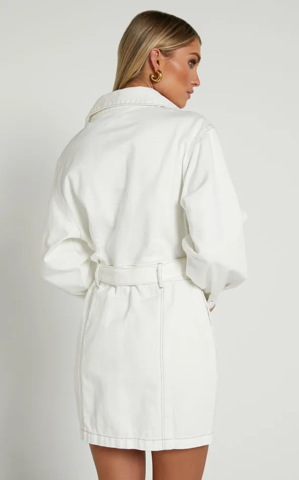 Showpo Desi Mini Dress 8211 Long Sleeve Collared Button Through Denim Dress In Off White Women Curve Clothes