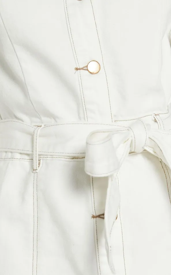 Showpo Desi Mini Dress 8211 Long Sleeve Collared Button Through Denim Dress In Off White Women Curve Clothes