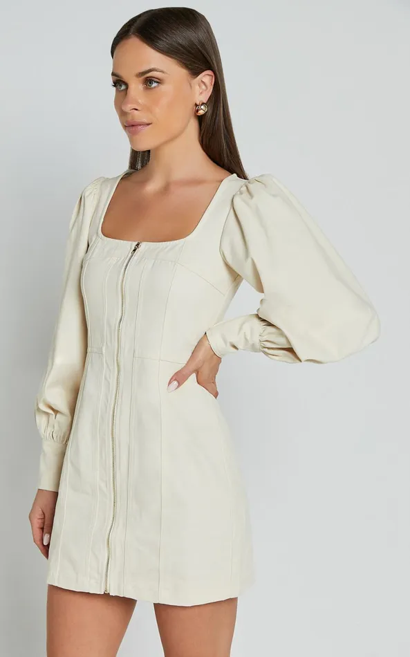Showpo Desiree Mini Dress 8211 Long Sleeve Zip Front Dress In Natural Women Dresses