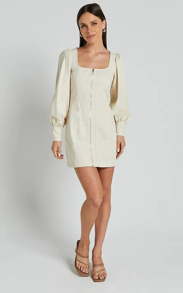 Showpo Desiree Mini Dress 8211 Long Sleeve Zip Front Dress In Natural Women Dresses