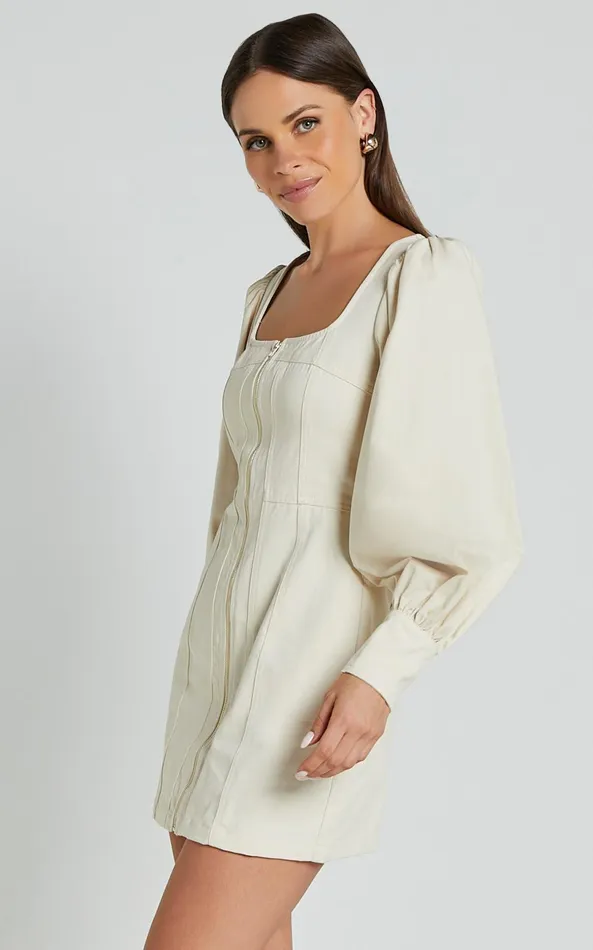 Showpo Desiree Mini Dress 8211 Long Sleeve Zip Front Dress In Natural Women Dresses