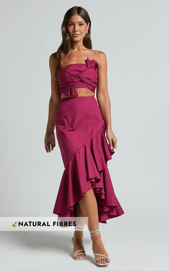 Showpo Destiny Two Piece Set 8211 Knot Detail Crop Top And Ruffle Maxi Skirt Set In Plum Women Two Piece Sets and Coords Showpo Destiny Two Piece Set 8211 Knot Detail Crop Top And Ruffle Maxi Skirt Set In Plum Women Two Piece Sets and Coords