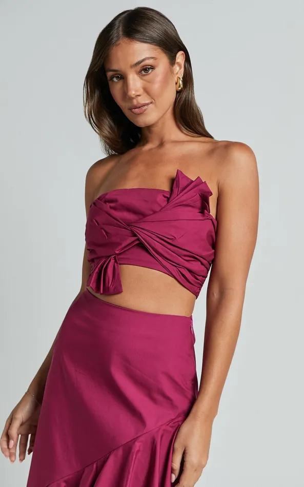 Showpo Destiny Two Piece Set 8211 Knot Detail Crop Top And Ruffle Maxi Skirt Set In Plum Women Two Piece Sets and Coords