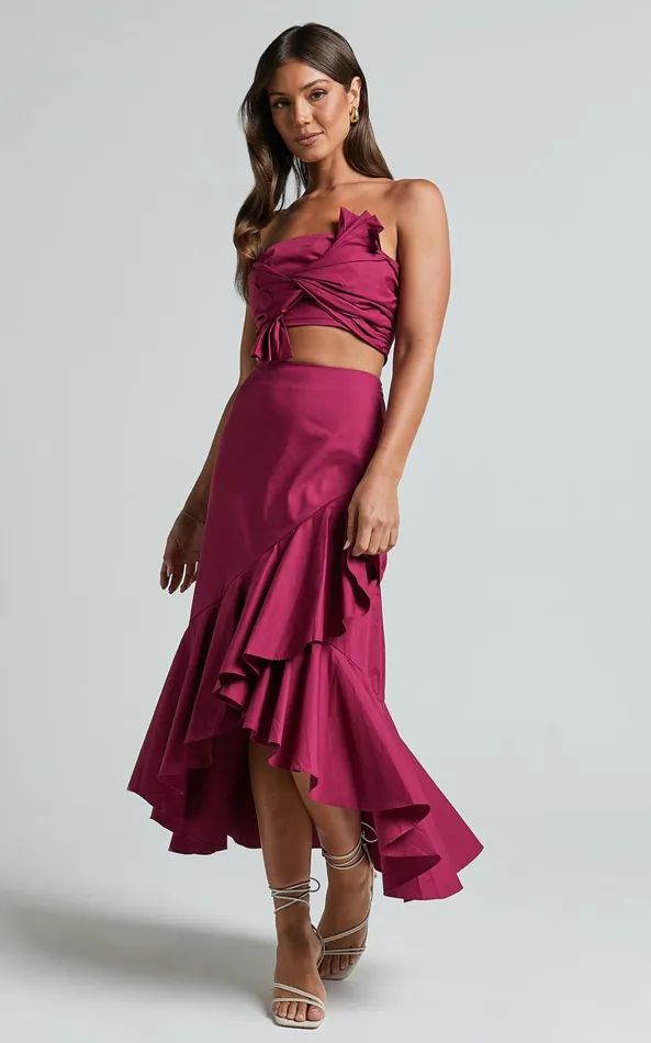 Showpo Destiny Two Piece Set 8211 Knot Detail Crop Top And Ruffle Maxi Skirt Set In Plum Women Two Piece Sets and Coords