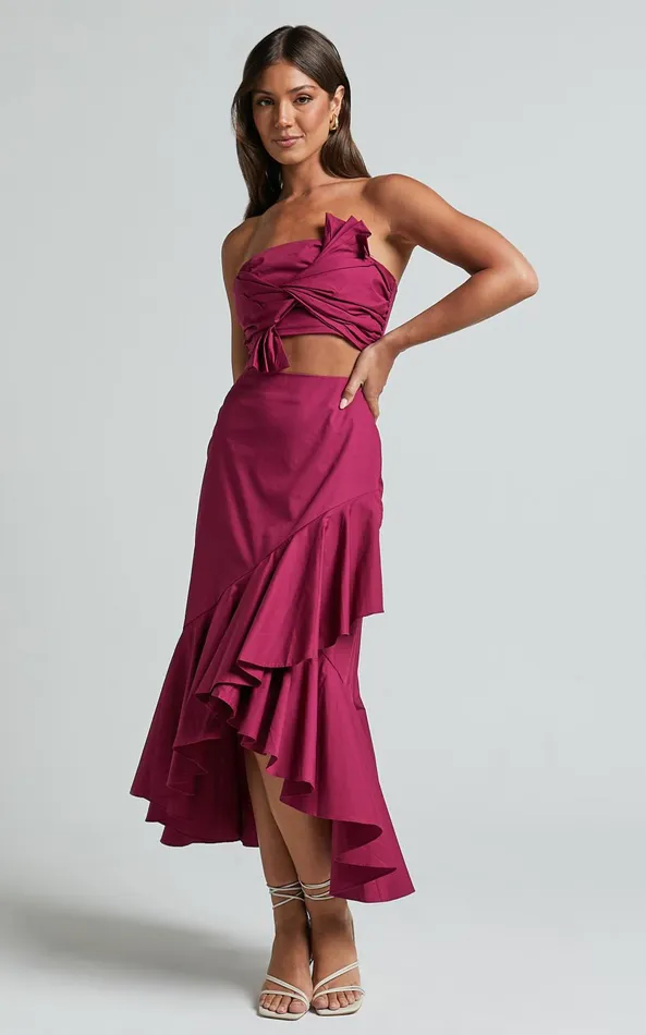 Showpo Destiny Two Piece Set 8211 Knot Detail Crop Top And Ruffle Maxi Skirt Set In Plum Women Two Piece Sets and Coords