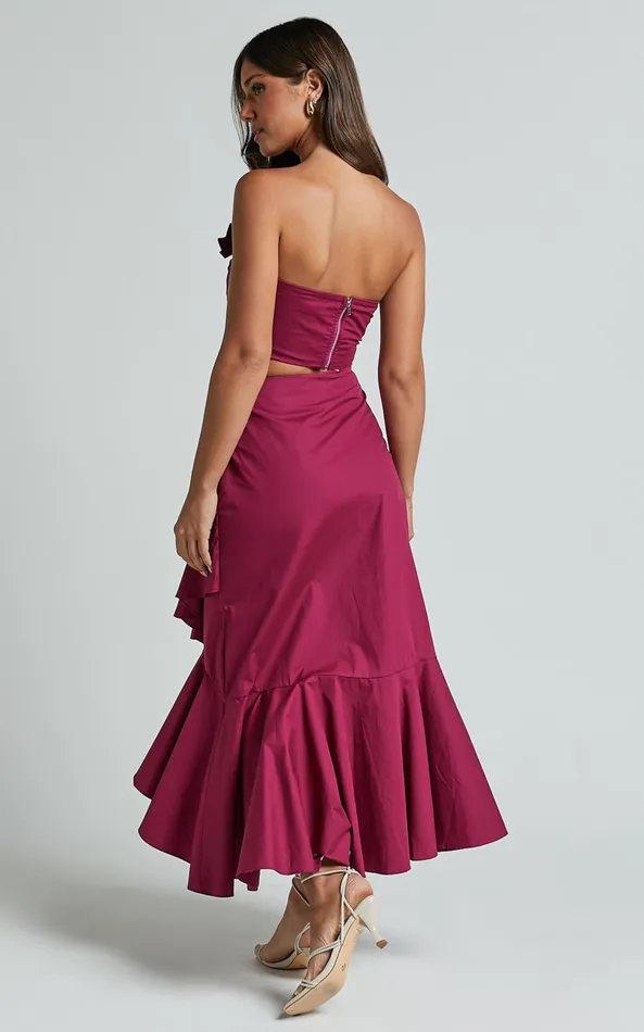 Showpo Destiny Two Piece Set 8211 Knot Detail Crop Top And Ruffle Maxi Skirt Set In Plum Women Two Piece Sets and Coords