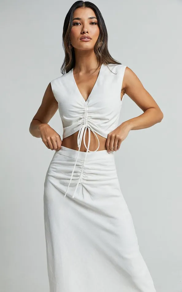 Showpo Devan Two Piece Set 8211 Ruched Crop Top And A Line Midi Skirt Set In White Women Dresses