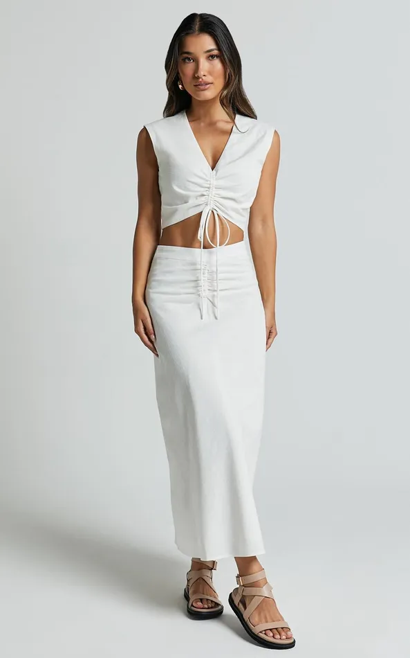 Showpo Devan Two Piece Set 8211 Ruched Crop Top And A Line Midi Skirt Set In White Women Dresses