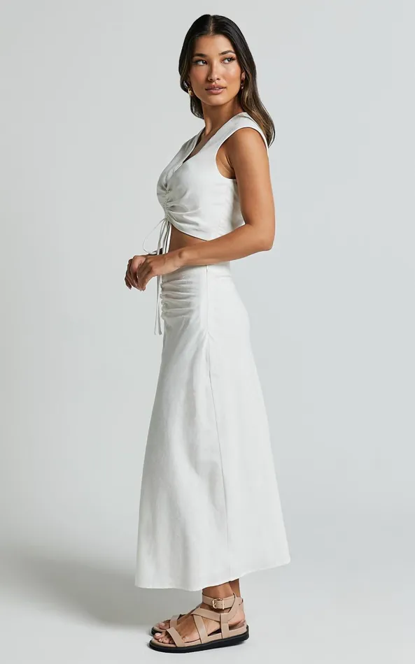 Showpo Devan Two Piece Set 8211 Ruched Crop Top And A Line Midi Skirt Set In White Women Dresses