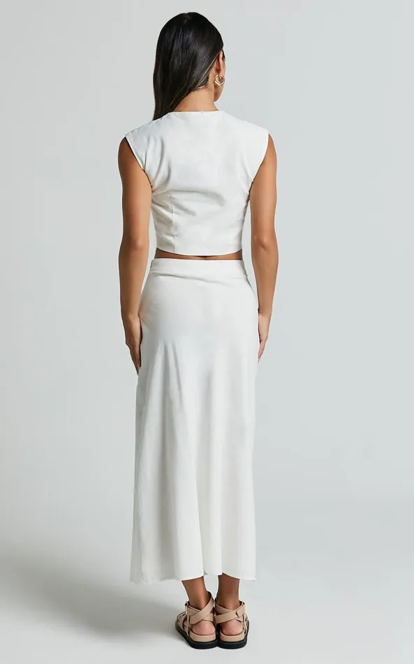 Showpo Devan Two Piece Set 8211 Ruched Crop Top And A Line Midi Skirt Set In White Women Dresses