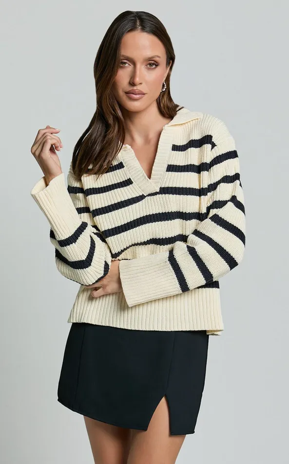 Showpo Devon Jumper 8211 Open Collar V Neck Stripe Knit Jumper In Black and Cream Stripe Women Knitwear Showpo Devon Jumper 8211 Open Collar V Neck Stripe Knit Jumper In Black and Cream Stripe Women Knitwear