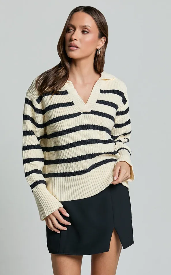 Showpo Devon Jumper 8211 Open Collar V Neck Stripe Knit Jumper In Black and Cream Stripe Women Knitwear