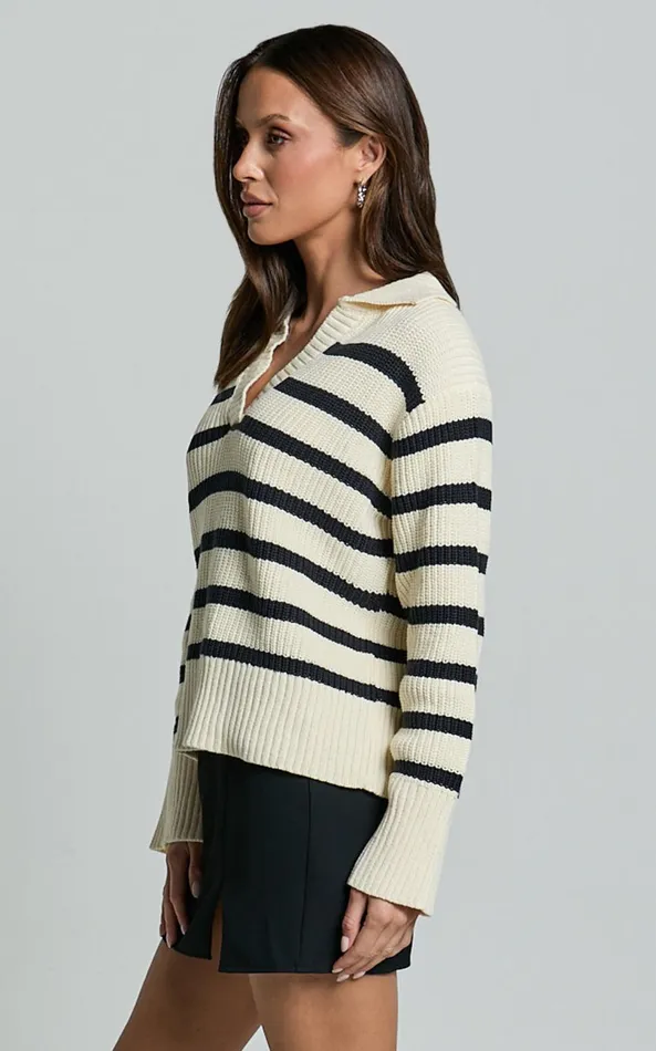 Showpo Devon Jumper 8211 Open Collar V Neck Stripe Knit Jumper In Black and Cream Stripe Women Knitwear