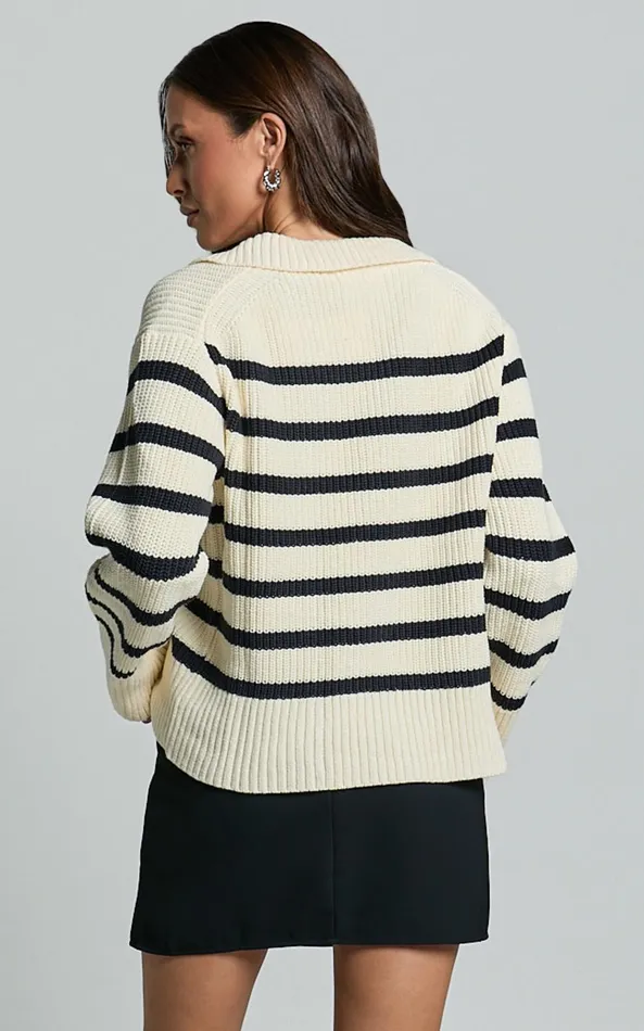 Showpo Devon Jumper 8211 Open Collar V Neck Stripe Knit Jumper In Black and Cream Stripe Women Knitwear