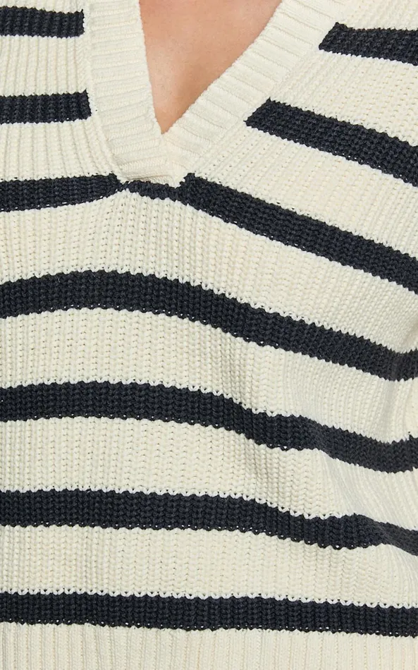 Showpo Devon Jumper 8211 Open Collar V Neck Stripe Knit Jumper In Black and Cream Stripe Women Knitwear