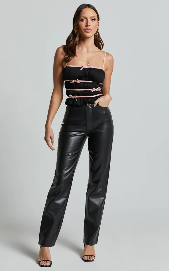Showpo Devon Top 8211 Bow Detail Ruched Crop Top In Black and Pink Women Tops