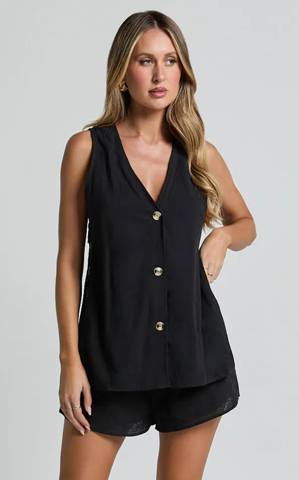 Showpo Devon Two Piece Set 8211 Open Side Detail Top and Short Linen Look Set In Black Women Two Piece Sets and Coords